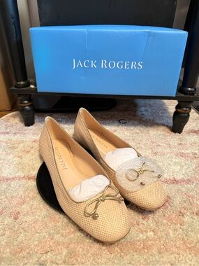Jack Rogers Natural Raffia Ballet Flats with Gold Bow Accent
